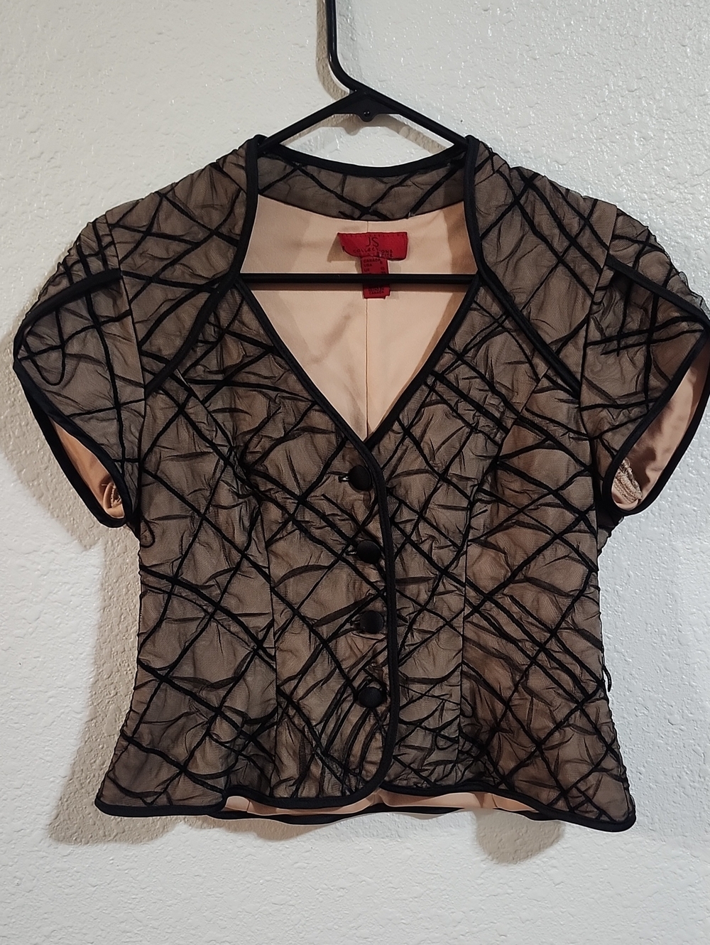 JS Collections Black Mesh Overlay with Blush Lining Short Sleeve Blouse